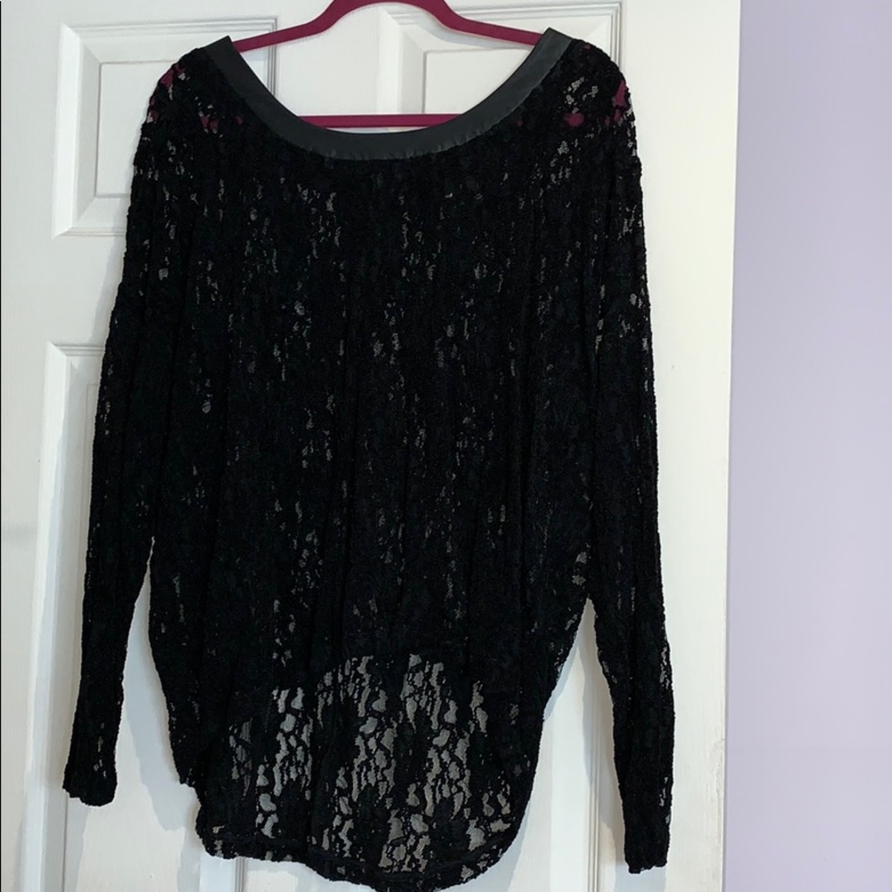DKNY JEANS black lace blouse with leather trim